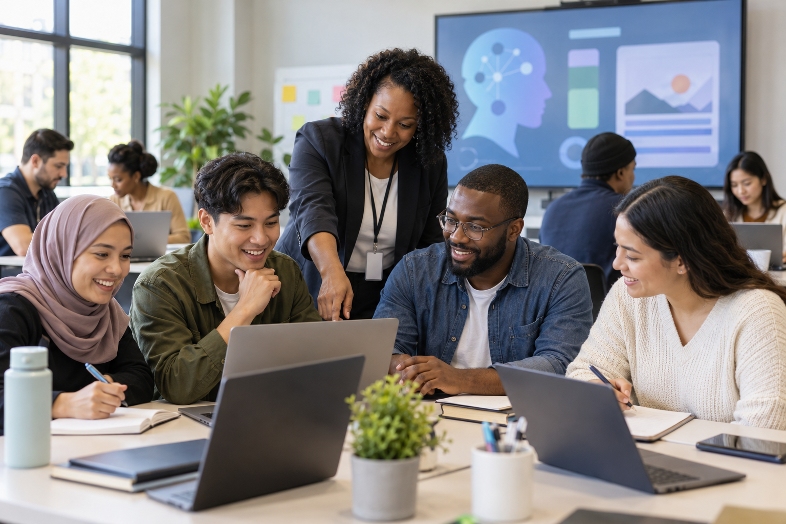Young adults and career changers collaborating during an AI and job-readiness workshop.