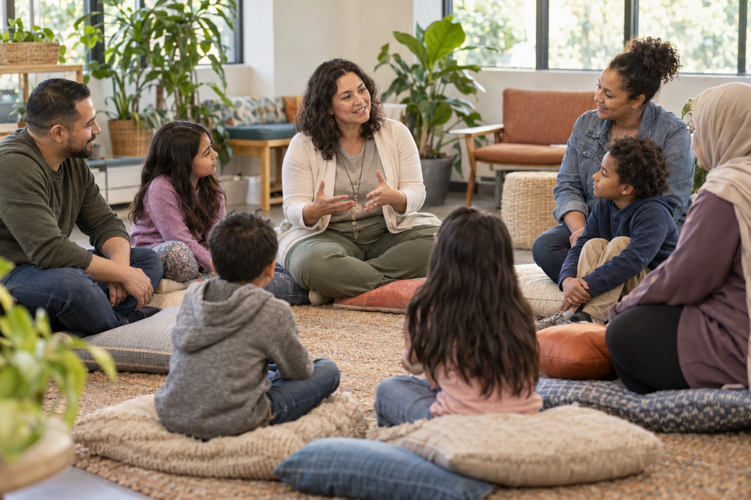 Parents and children taking part in a supportive family wellbeing circle.