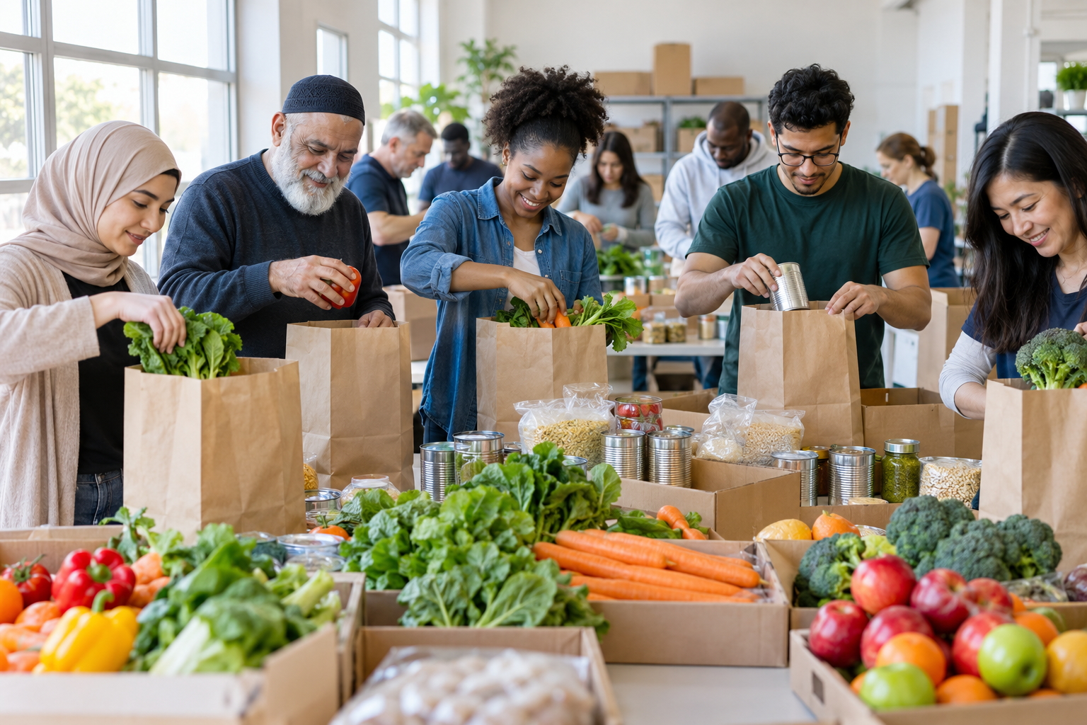 Interfaith volunteers preparing fresh groceries and family care packages.