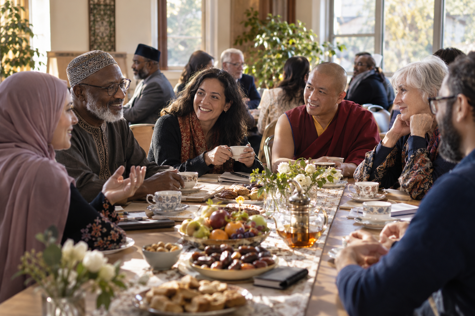 Neighbors from different faith and cultural backgrounds sharing conversation over tea.