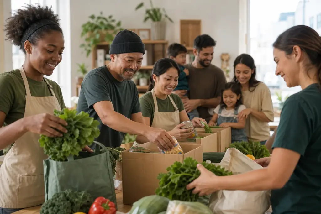 Volunteers preparing fresh food and care boxes for local families.