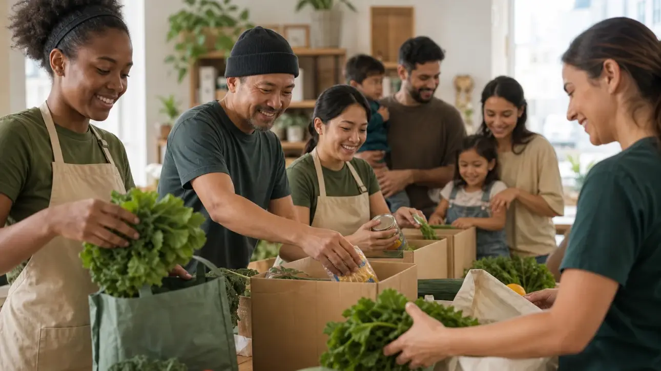 Volunteers preparing fresh food and care boxes for local families.