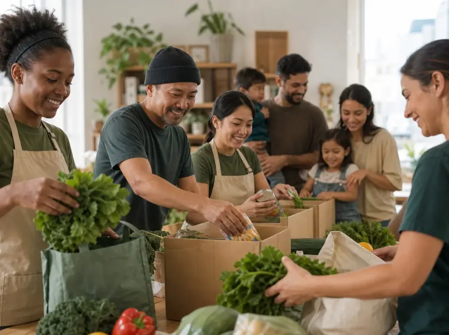 Volunteers preparing fresh food and care boxes for local families.
