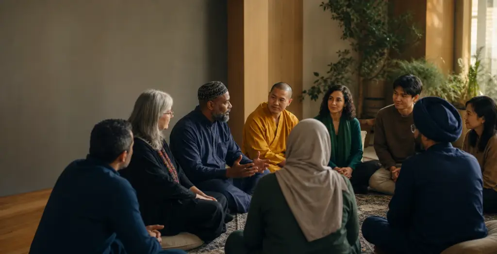 A diverse interfaith community gathered in a circle for respectful dialogue.