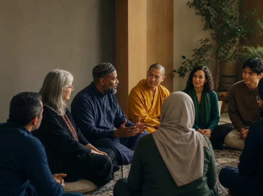 A diverse interfaith community gathered in a circle for respectful dialogue.