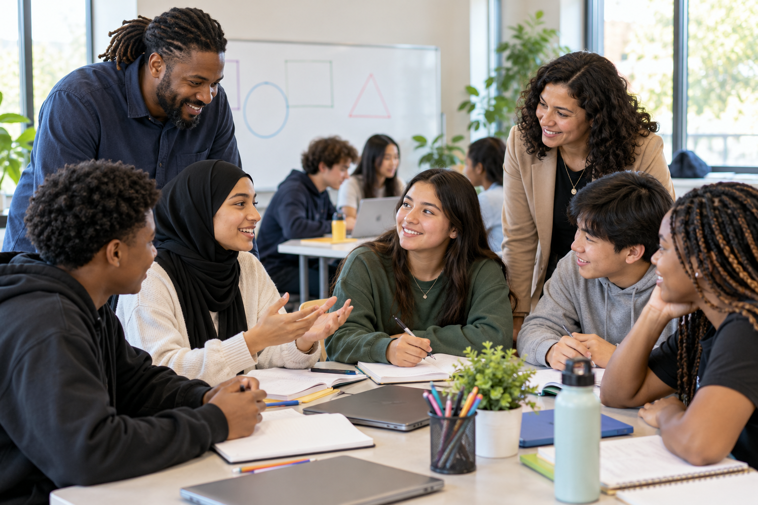 Diverse teenagers collaborating with mentors during a youth leadership workshop.