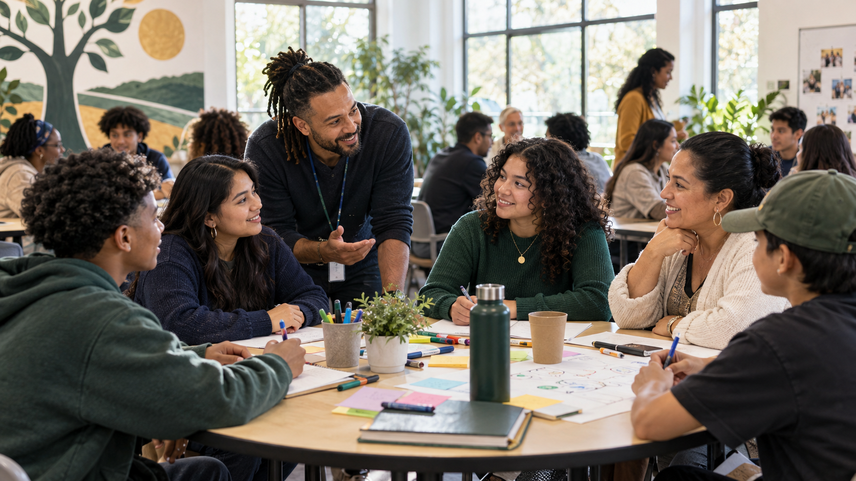 Young people, parents, and mentors collaborating during a RiAmeen family wellness workshop.